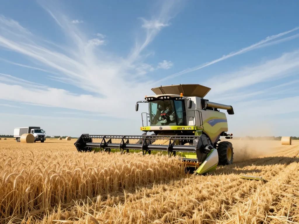 New Holland TR88 combine harvester working in golden wheat fields during harvest season