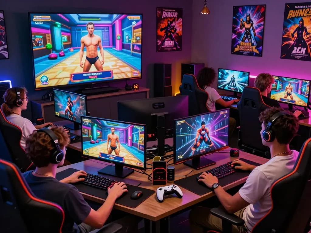 Engaged adults playing porn games in a vibrant gaming room.