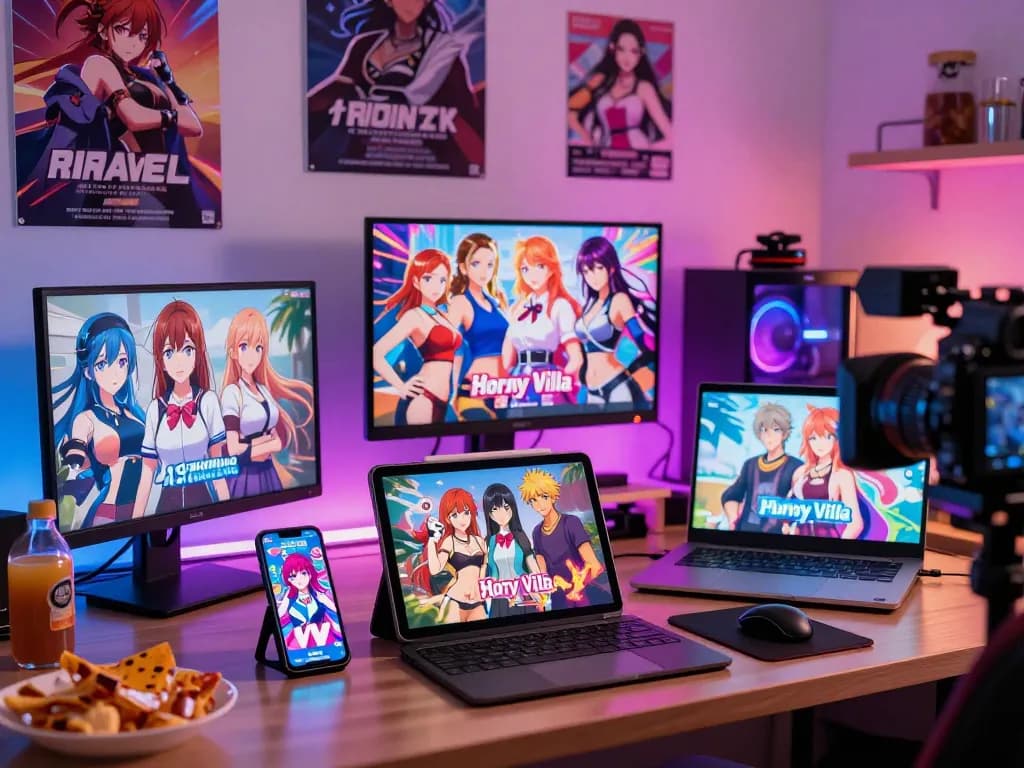 Engaging scene of players exploring various porn games on devices in a cozy gaming setup with vibrant character graphics.