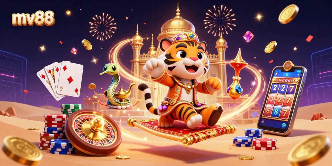 Experience dynamic gaming action at mv88 with vibrant casino elements in a 3D illustration.