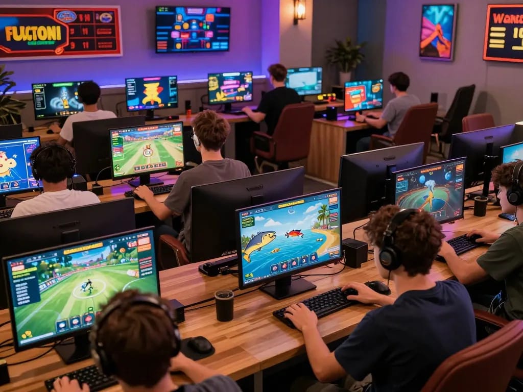 Engaged players at Hitclub gaming platform, enjoying diverse online games in a vibrant digital setting.