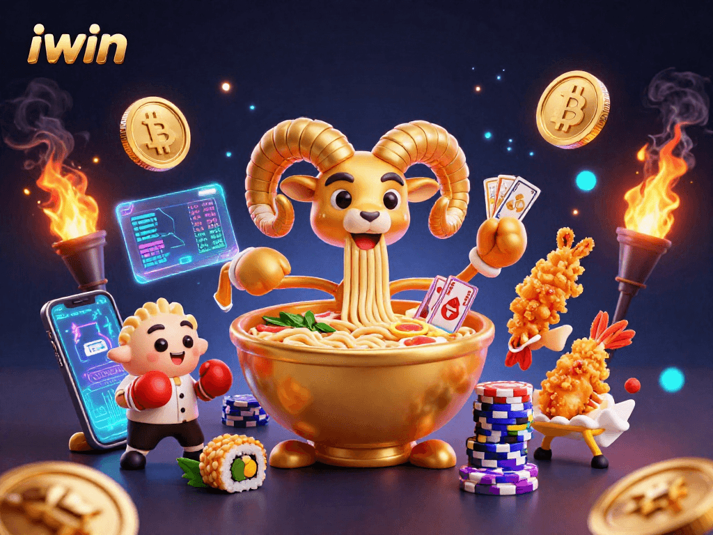 Engage in high-stakes gaming with iwin's vibrant 3D crypto casino scene featuring playful characters.