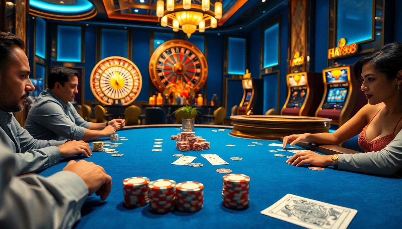 Players at a HAY88 poker table strategize and compete in a vibrant casino atmosphere.