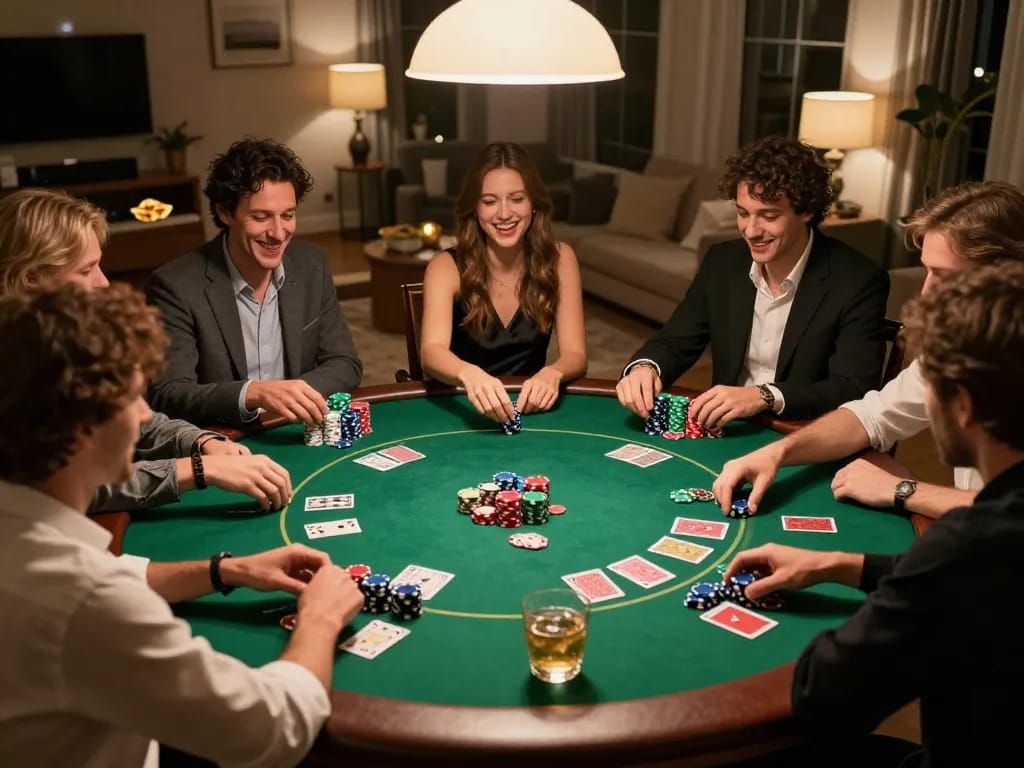 Friends enjoying a lively home poker night with ta88e, colorful chips, and cards on the table