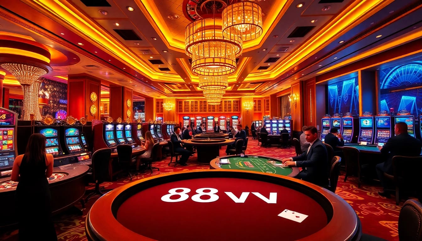 Gamblers enjoying a thrilling game at a luxurious 88vv casino.