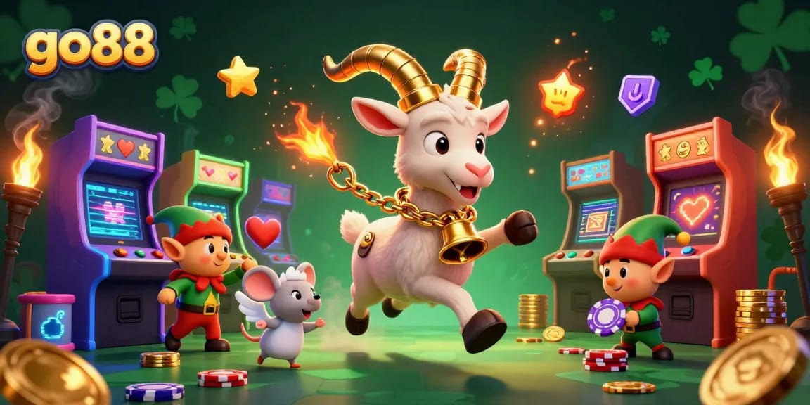 Win big at go88 with a fun casino scene featuring cartoon characters and vibrant gaming elements.