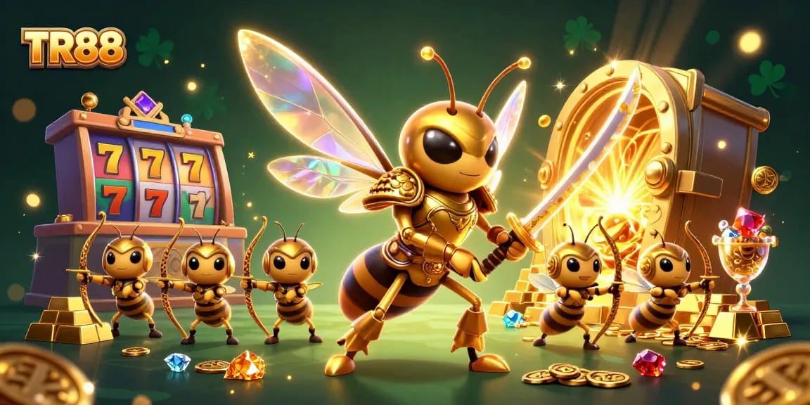 Engage in winning strategies at TR88 with vibrant casino elements and a dynamic hornet samurai.