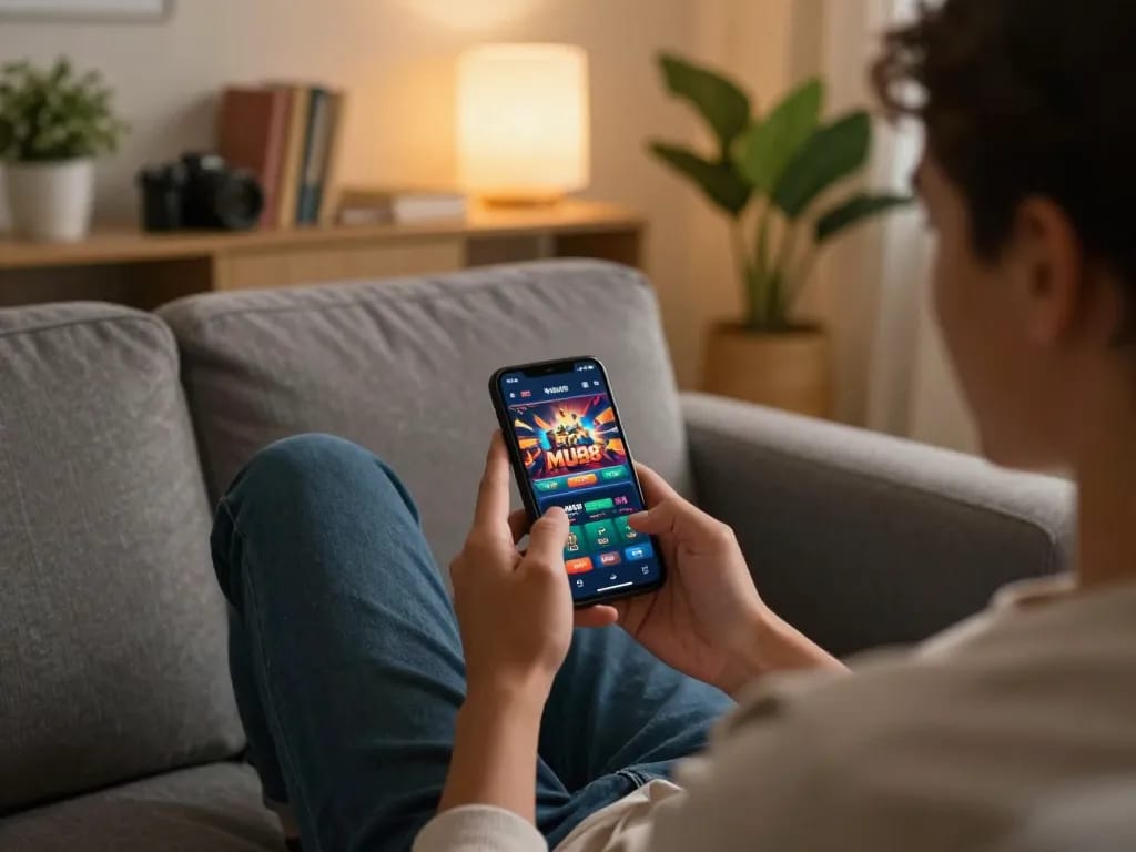 Engaging smartphone usage for MU88 online casino gaming in a cozy home setting
