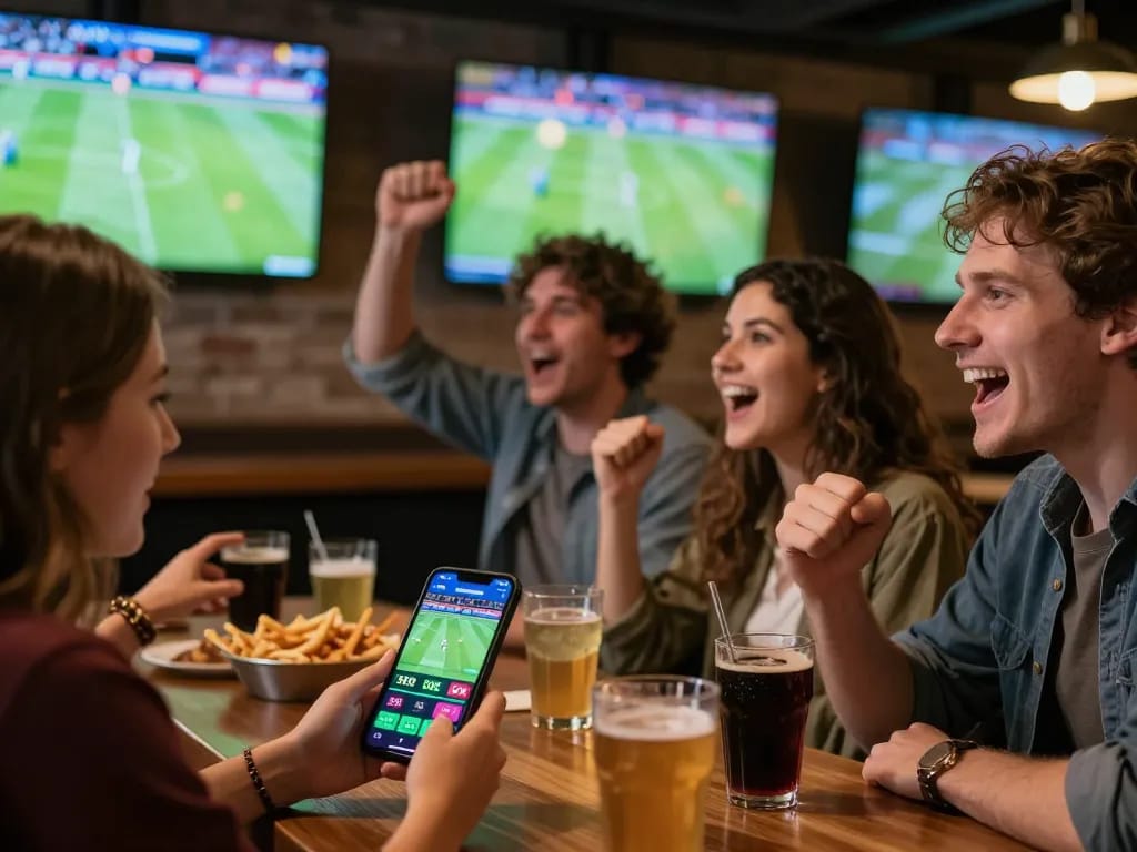 Engaged friend placing live sports bets using mobile app at tip88 in lively sports bar.