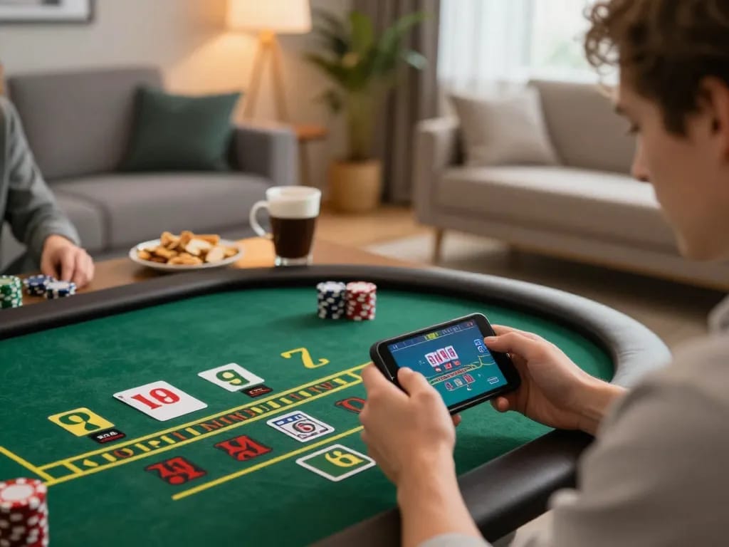 Player enjoying live dealer baccarat on smartphone in cozy home, experiencing O8 platform.