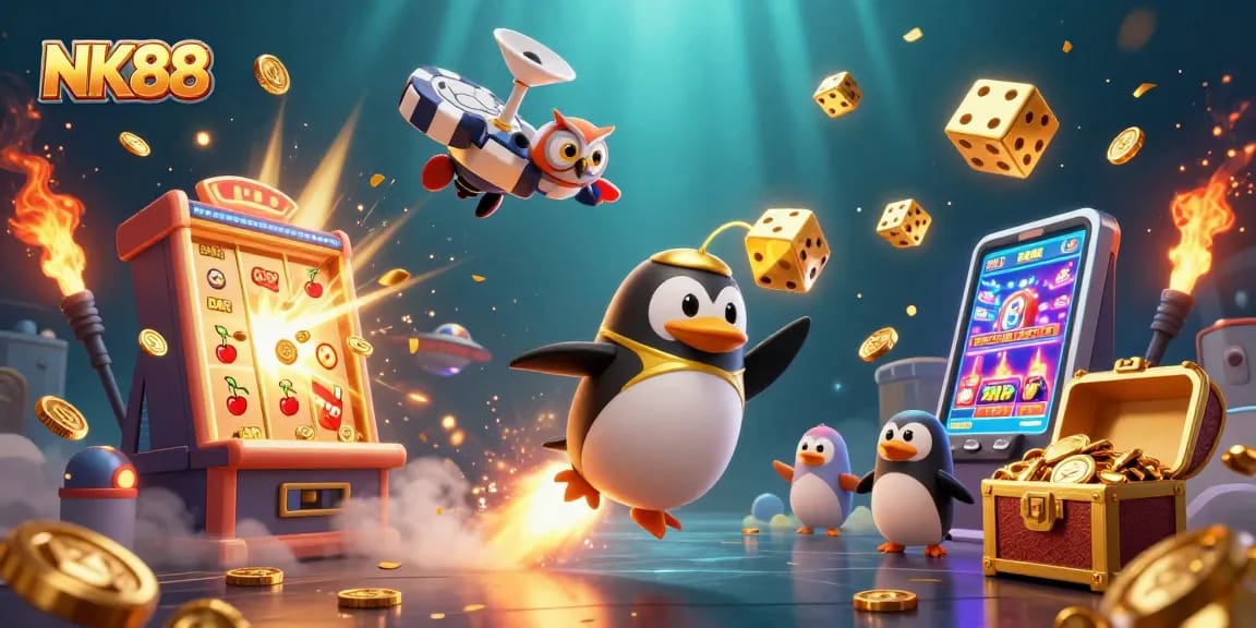 Experience the thrill of winning with NK88 as golden coins explode from a slot machine amidst vibrant casino elements.