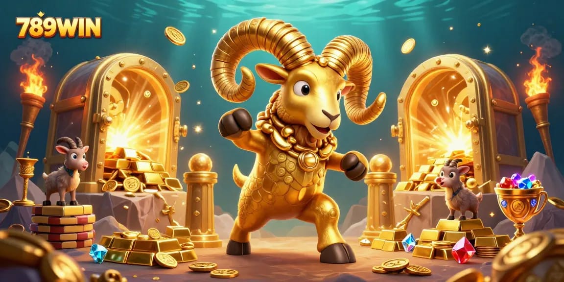 Engage with 789WIN's vibrant casino adventures as a golden ram bursts through treasures.