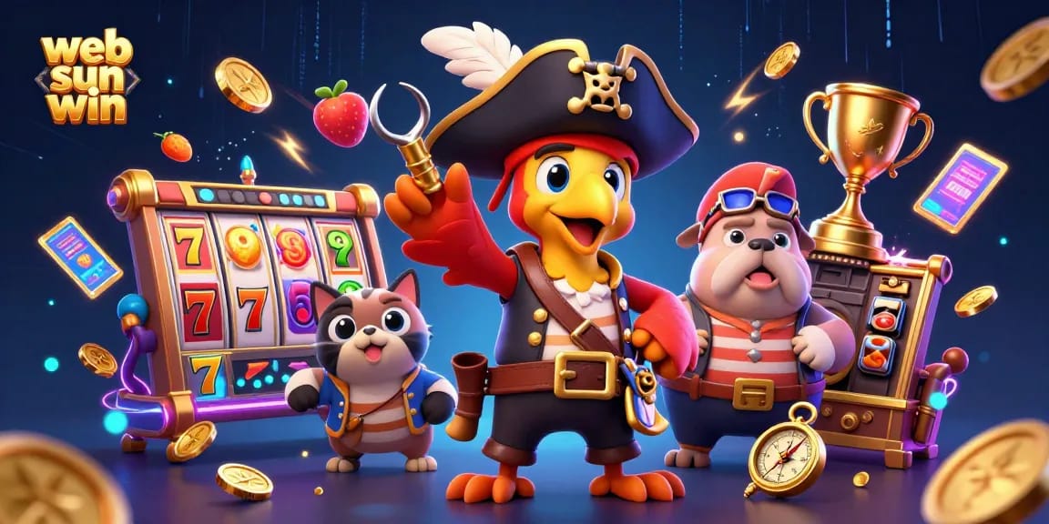 Engage with the web sun win gaming world, featuring dynamic slot elements like reels and lucky 7s around characters.