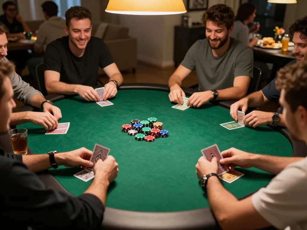 Players engaging in a friendly poker game at home, showcasing thabet strategy in action.