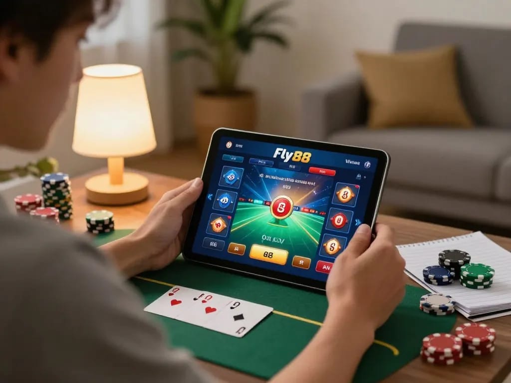 Player engaging with the Fly88 poker app in a cozy home setting, showcasing responsible gaming.