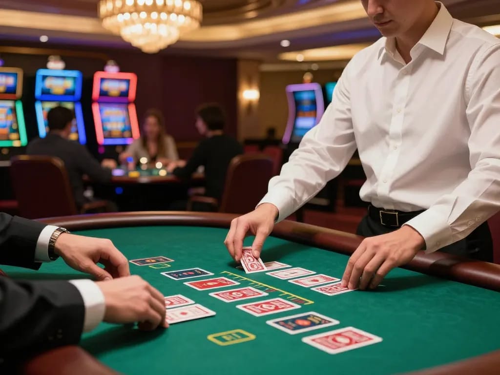 Players engaging at a blackjack table in a luxury casino, highlighting the intensity and excitement of HM88 gambling.
