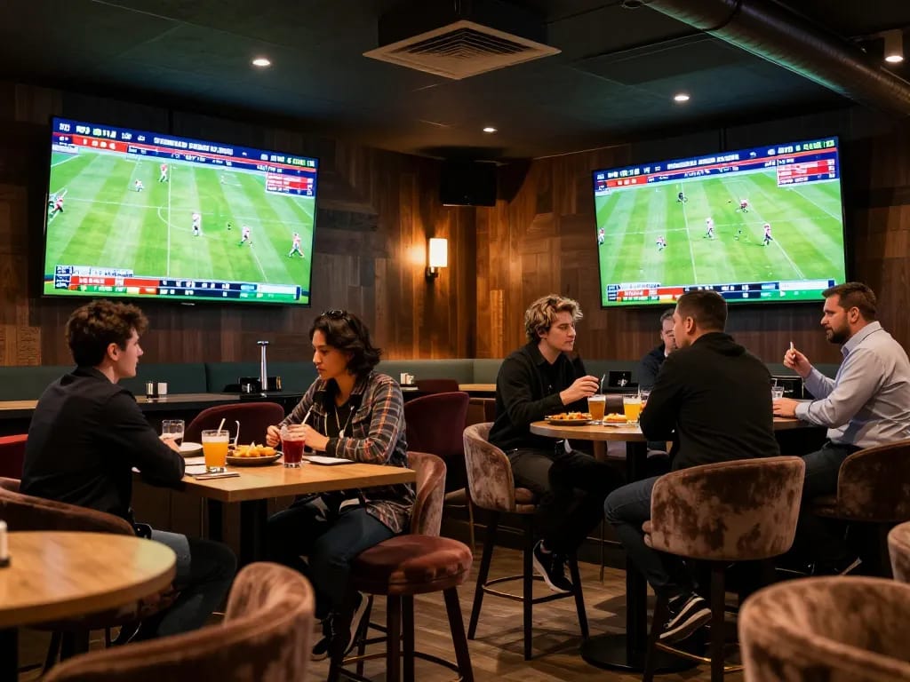Sports betting patrons engaging with ผลบอลวันนี้ updates on large screens.