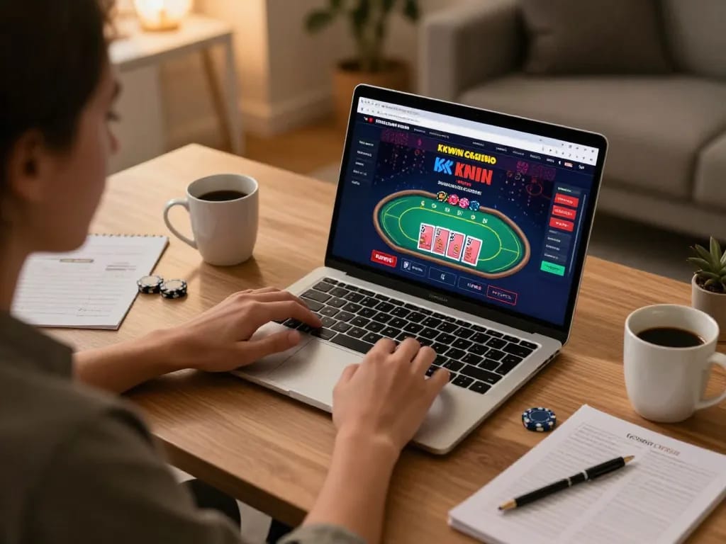 Engaged player enjoys a thrilling KKWIN CASINO online poker game from home, showcasing strategic gameplay
