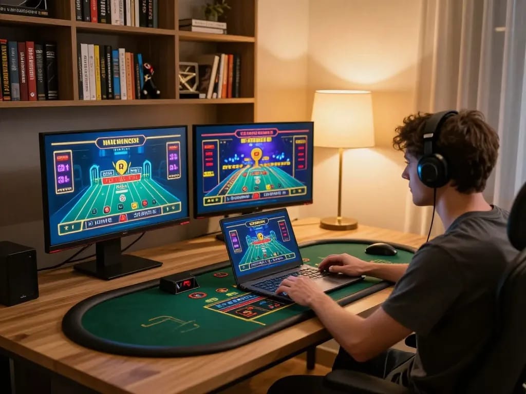 Player enjoying online gambling at gk88 com with laptop showing live dealer game interface