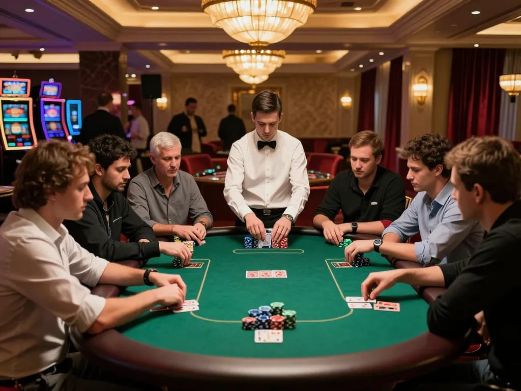 Players engaging in a strategic poker game at a vibrant MM88 casino atmosphere with colorful chips.