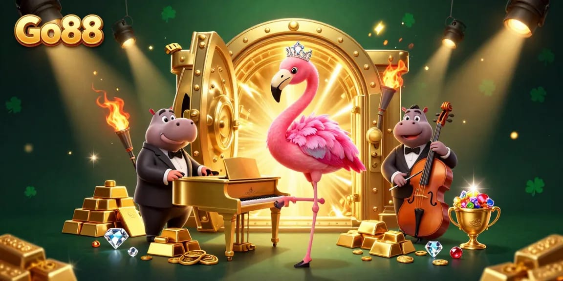 Experience the thrill of Go88 with vibrant slots, gems, and charming characters in an electrifying casino scene.
