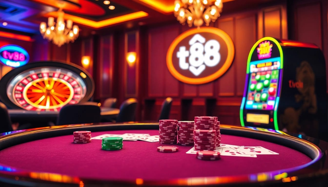 Play exciting games at tv88.page, featuring luxurious casino tables, vivid poker chips, and a dazzling roulette wheel.