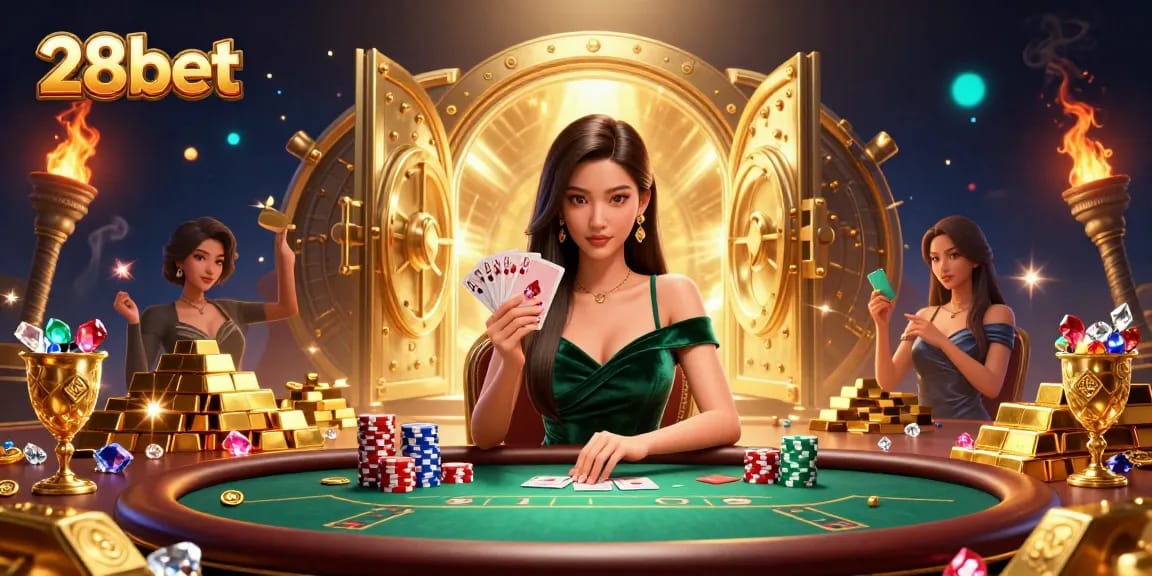 Play poker and win big at 28bet with a beautiful Asian dealer at a luxurious table.