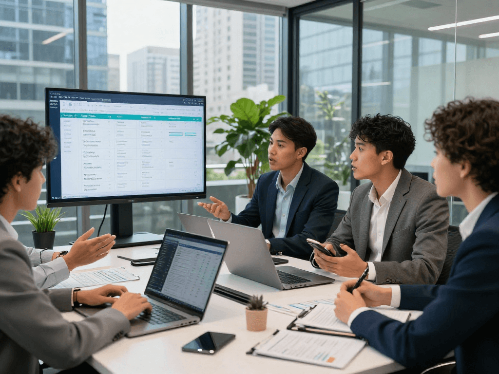 Professional real estate team discussing IDXSTAR listings in a modern office.
