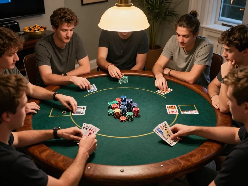 Nohu90 poker night with friends signaling excitement and strategy, vibrant chips stacked