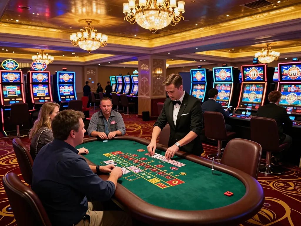 Gambling scene with players enjoying blackjack at a casino featuring gk88, dealer shuffling cards amidst vibrant lights.