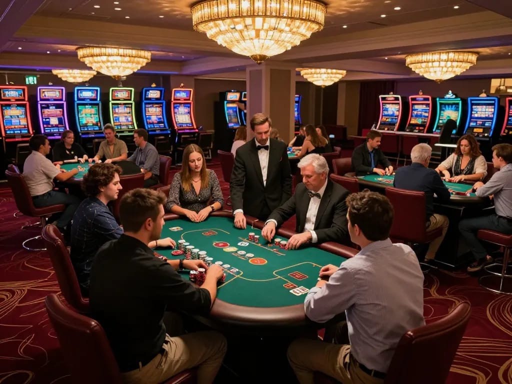 O8 players strategizing and betting at poker tables in a vibrant casino.