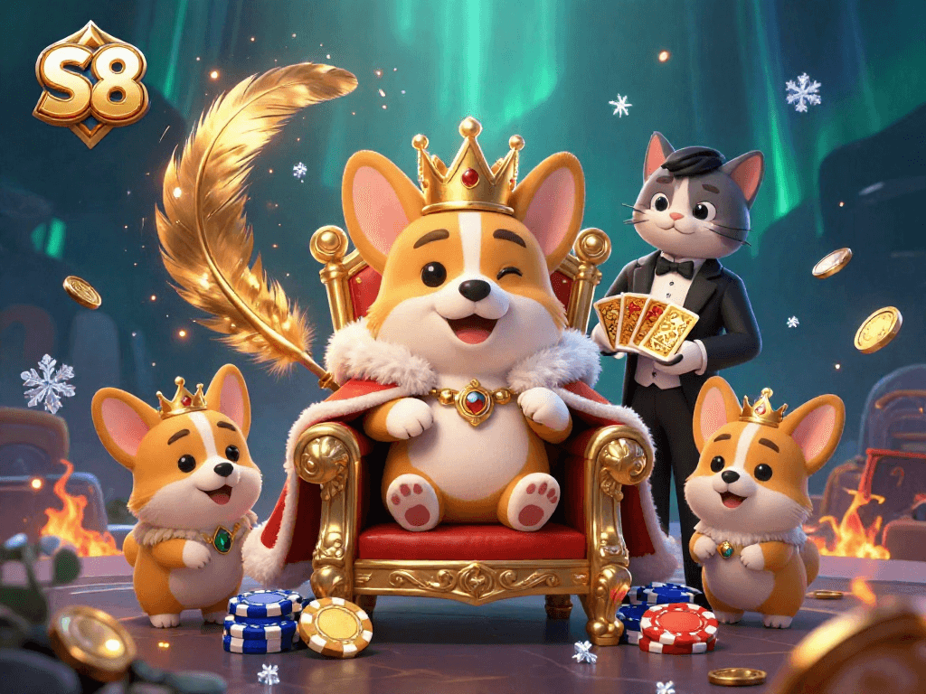 S8 showcases a lively royal corgi casino scene with colorful tokens and dynamic gambling elements.
