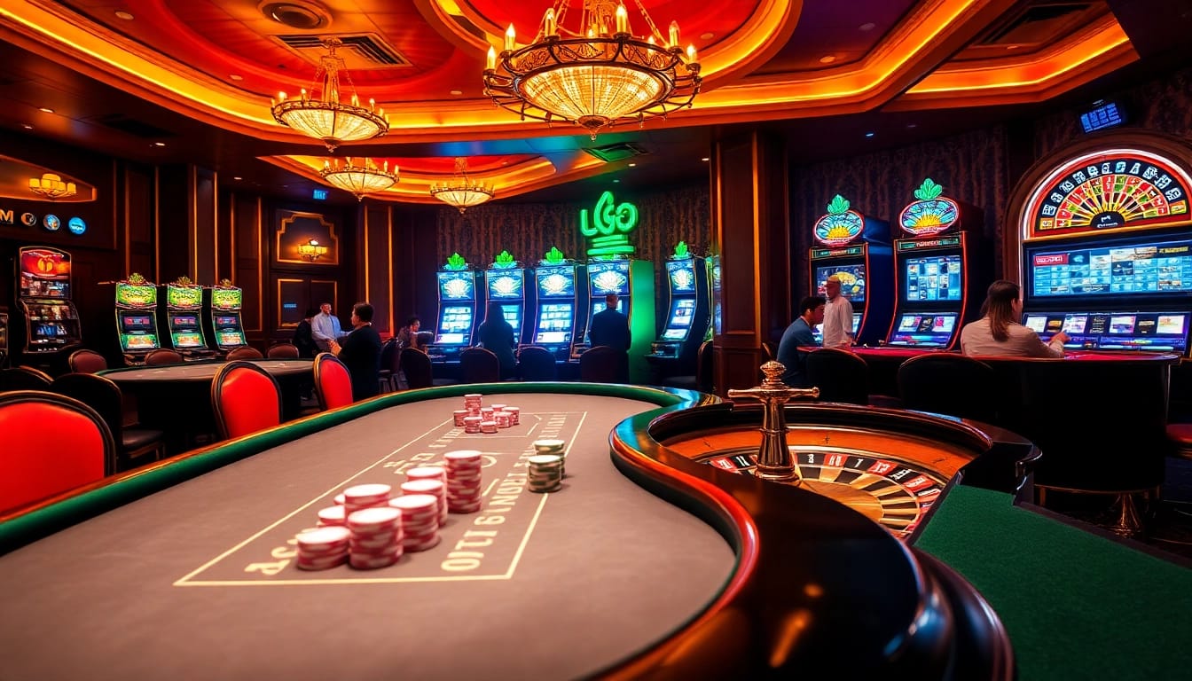 Action-packed scene at luck8 casino featuring poker, slots, and roulette excitement.