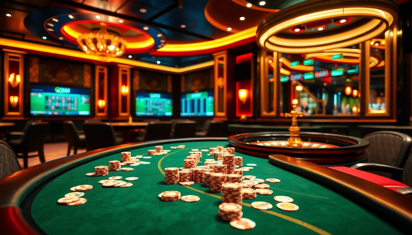 Experience a thrilling gaming environment at QQ88, with professional dealers at a poker table and vibrant casino elements.