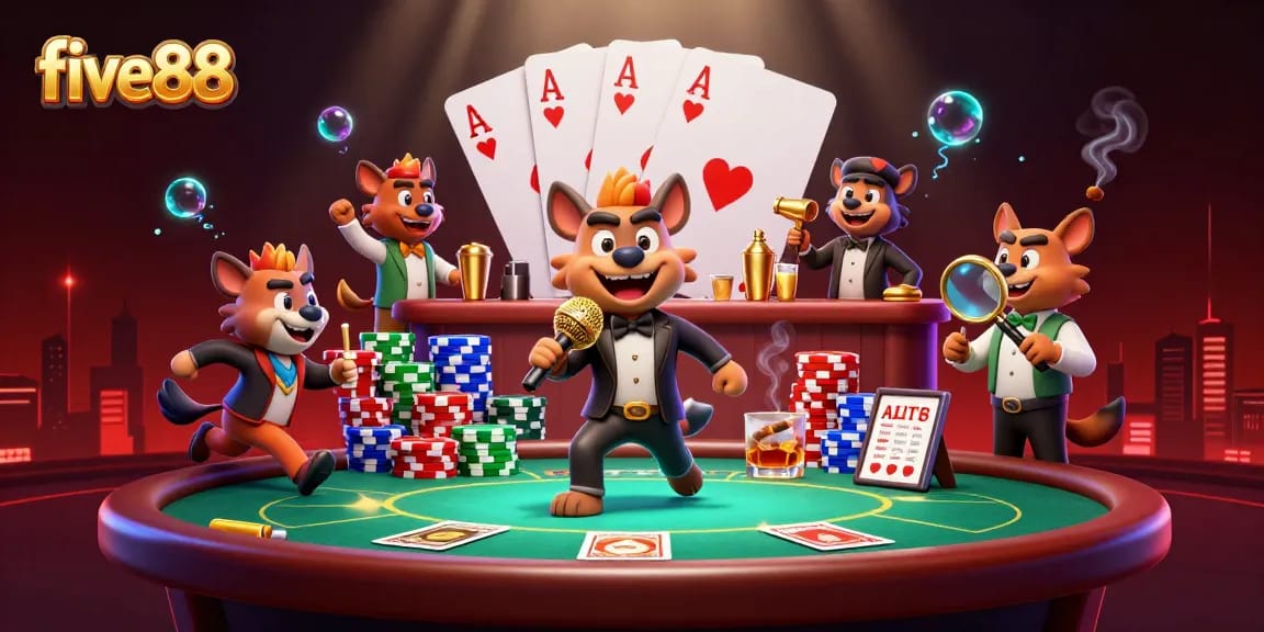 Experience the vibrant five88 casino scene featuring hyenas in action, a lively poker table setup, and dynamic gaming atmosphere.