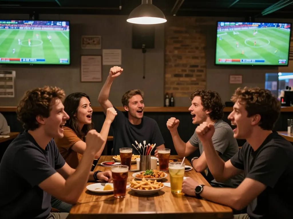 Fans engaged in ดูบอล action at a lively sports bar, cheering for their favorite teams.