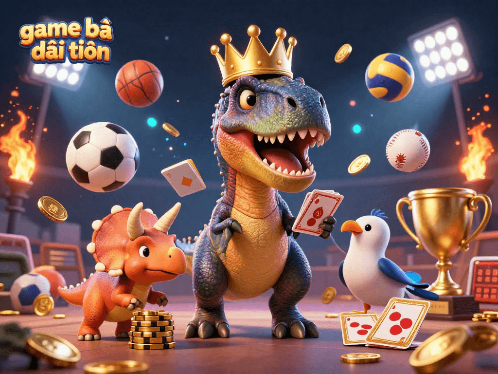 Engage with game bài đổi thưởng through an energetic scene featuring a T-Rex, pterodactyl, and triceratops in action.