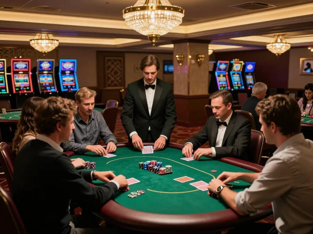 cm88 players strategizing in a luxurious poker room, chips and cards in action