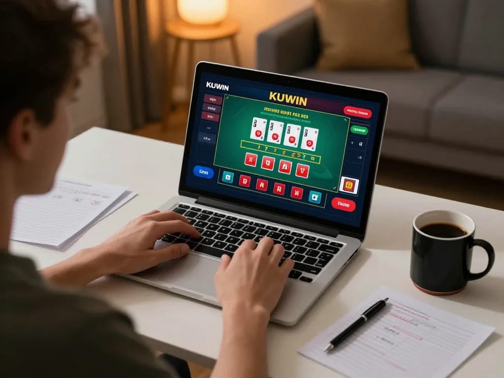 Engaging in a KUWIN online casino game with strategic notes and a laptop in a cozy home setting.