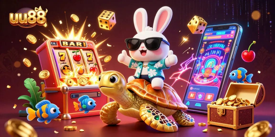 Experience thrilling adventures at uu88 with a lucky rabbit and sea turtle in a vibrant casino scene.