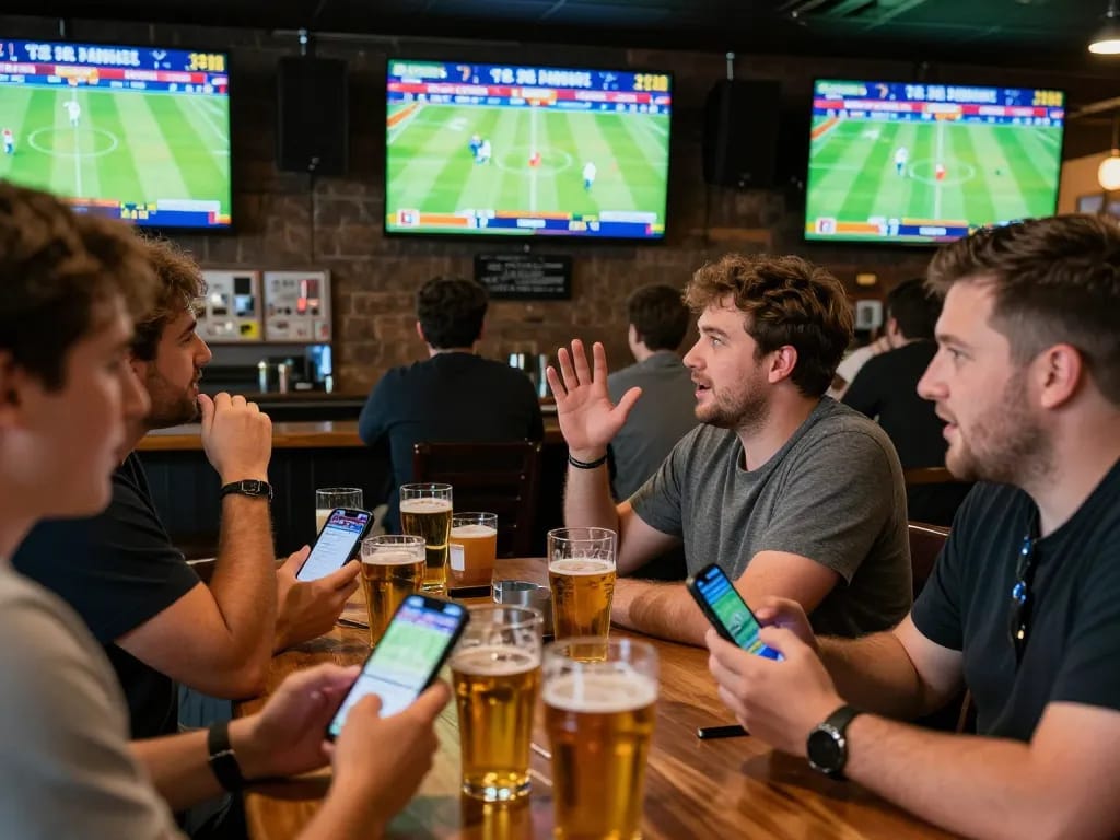 Patrons engaging with bongdallu sports betting apps while watching matches in an exciting sports bar.