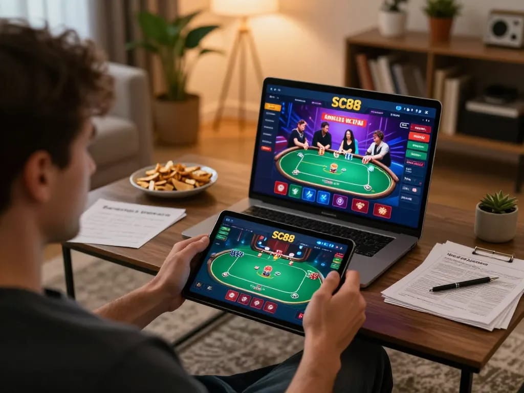 Player enjoying poker on SC88 platform at home, engaged in strategic online gaming experience