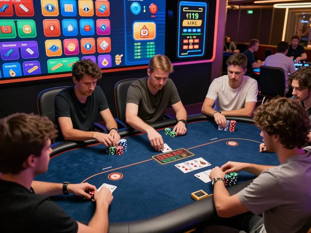 LLwin poker players strategizing during an intense online gaming session with vibrant digital displays and animated chips.