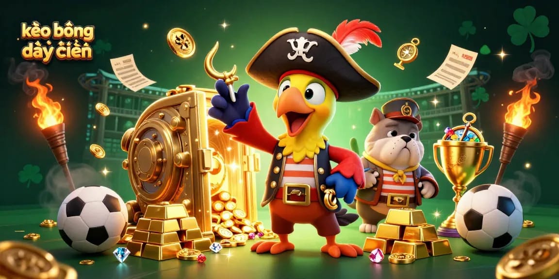 Experience thrilling kèo bóng đá trực tuyến with a lively pirate captain and characters amid gold and trophies.