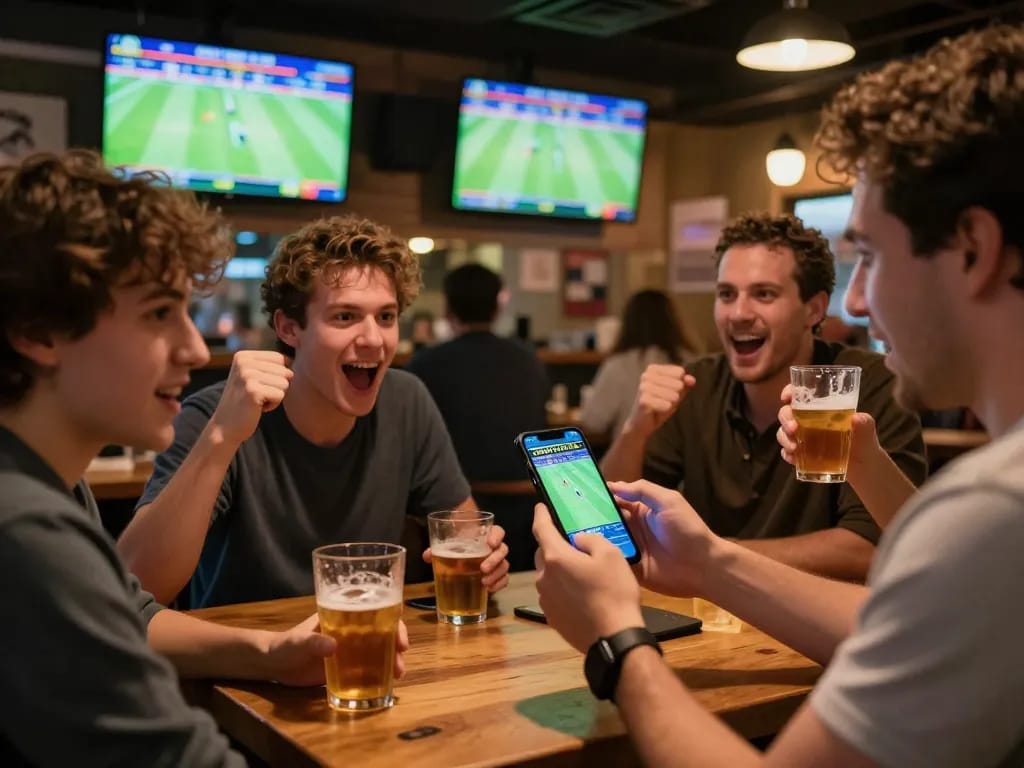 Excited sports bettor using 188bet app on smartphone during live football match in a bustling sports bar.