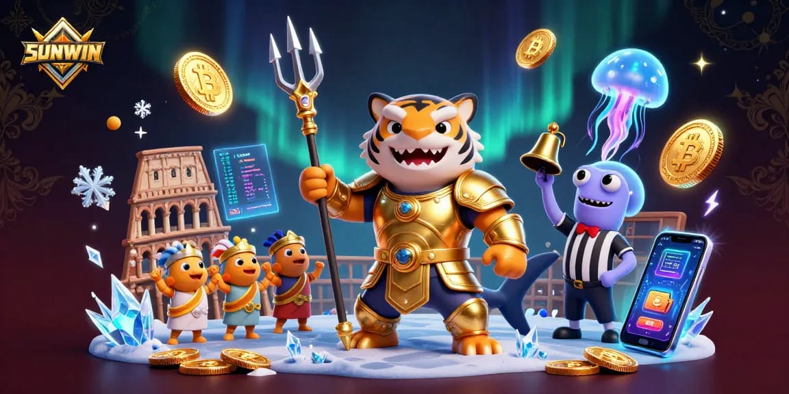 SUNWIN showcases an exhilarating underwater casino scene with a fierce tiger shark, crypto coins, and lively game dynamics.