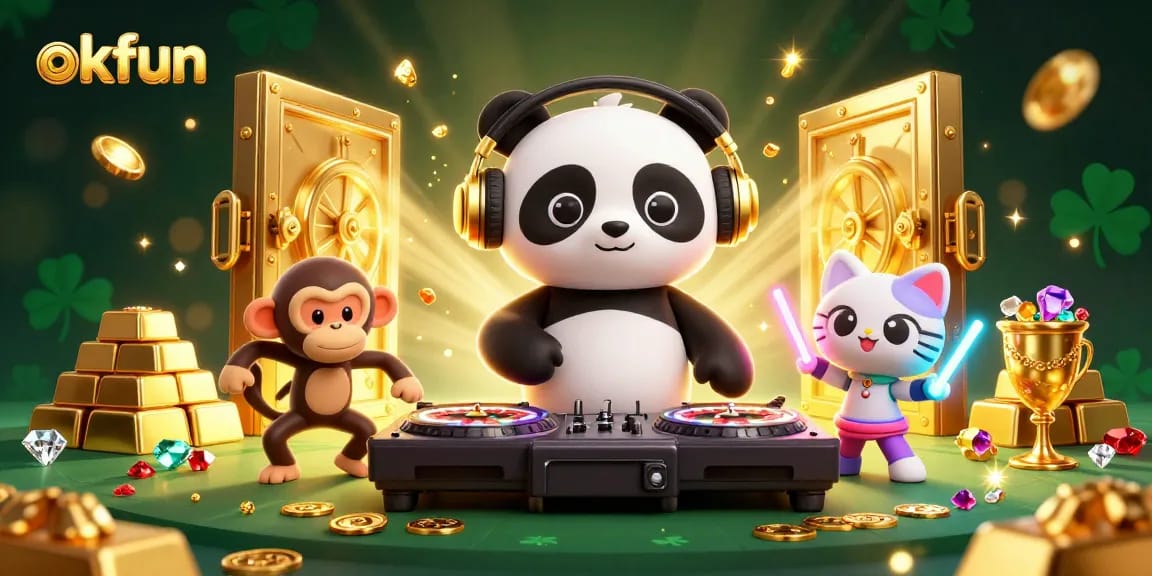 Engage with okfun's vibrant casino scene featuring a DJ panda, dancing monkey, and glowing kitten amidst treasure.