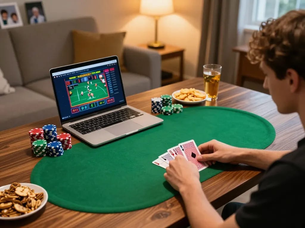 Player at home enjoying an online poker game with KO66 on their laptop, chips and drinks nearby.