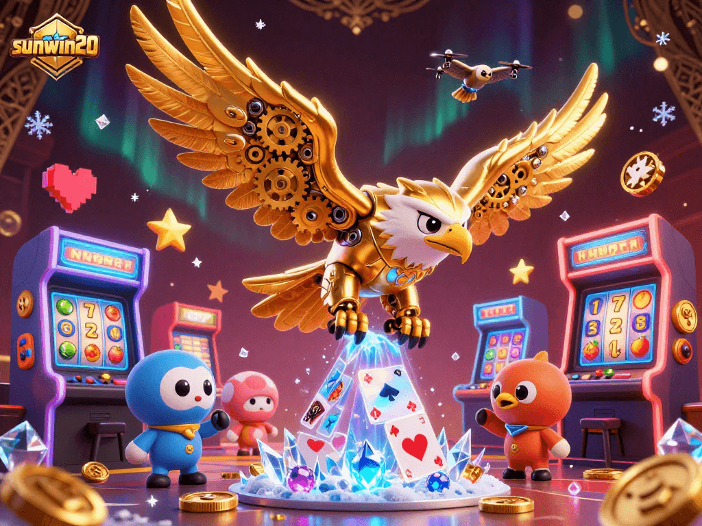 Experience wins with sunwin20 in a vibrant 3D casino-themed illustration packed with engaging elements.
