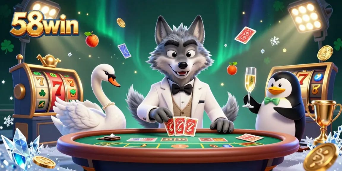 Experience exciting gameplay at 58win with a debonair wolf, elegant swan, and sophisticated penguin in a casino setting.